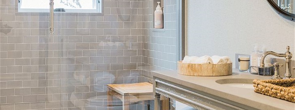 bathroom grey tile walls marble floor