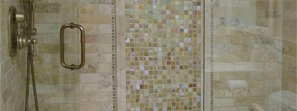 bathroom shower glass tile and subway travertine