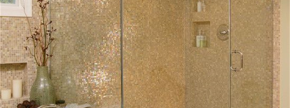 glass tile shower wall neutral floor