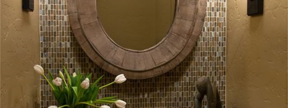 powder bath with glass tile vanity